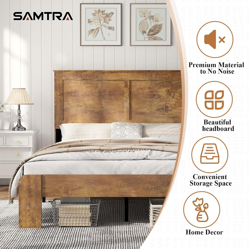 Wooden Bed Frame Full Size with Headboard, Farmhouse Platform Bedframe with Wood Slat Support, Sturdy Framework Bed Frame, Easy Assembly (Rustic Brown)