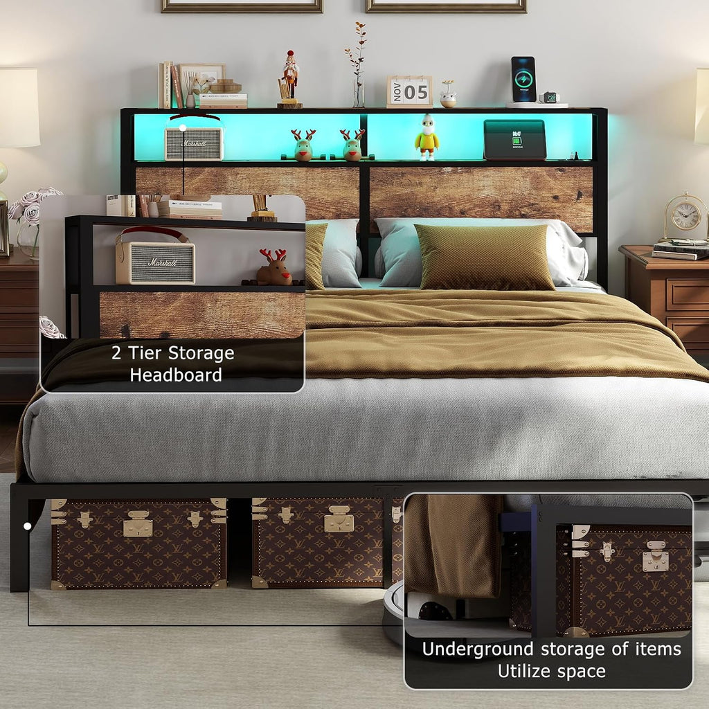 King Size Bed Frame with Headboard, Metal Platform Bed Frame with LED Lights & Charging Station, Under Bed Storage, Solid and Stable, No Box Spring Needed, Noise Free, Easy Assembly, Vintage Brown