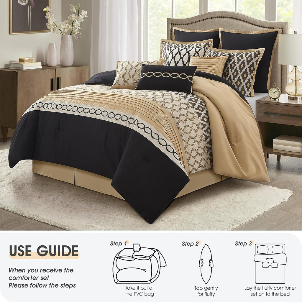 LANCO MODERN LIFESTYLE King Size Comforter Set, Black Gold, 10 Piece Bed in a Bag for All Seasons, Luxury Extreme Comfort Bedding Sets with Bedskirt, Pillow Shams, Euro Shams and Decor Pillows