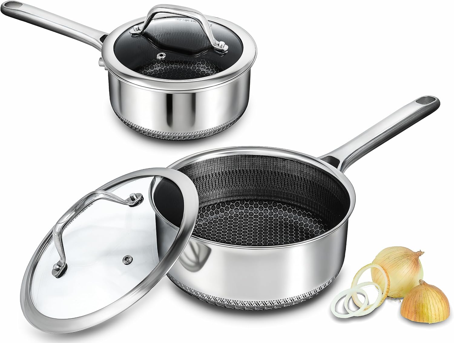 Hybrid Nonstick Saucepan Set of 2 with Lids 1.5 QT and 3 QT, Stainless Steel Honeycomb Pans with Side Pour Spouts,Compatible with All Cooktops,Dishwasher and Oven Safe