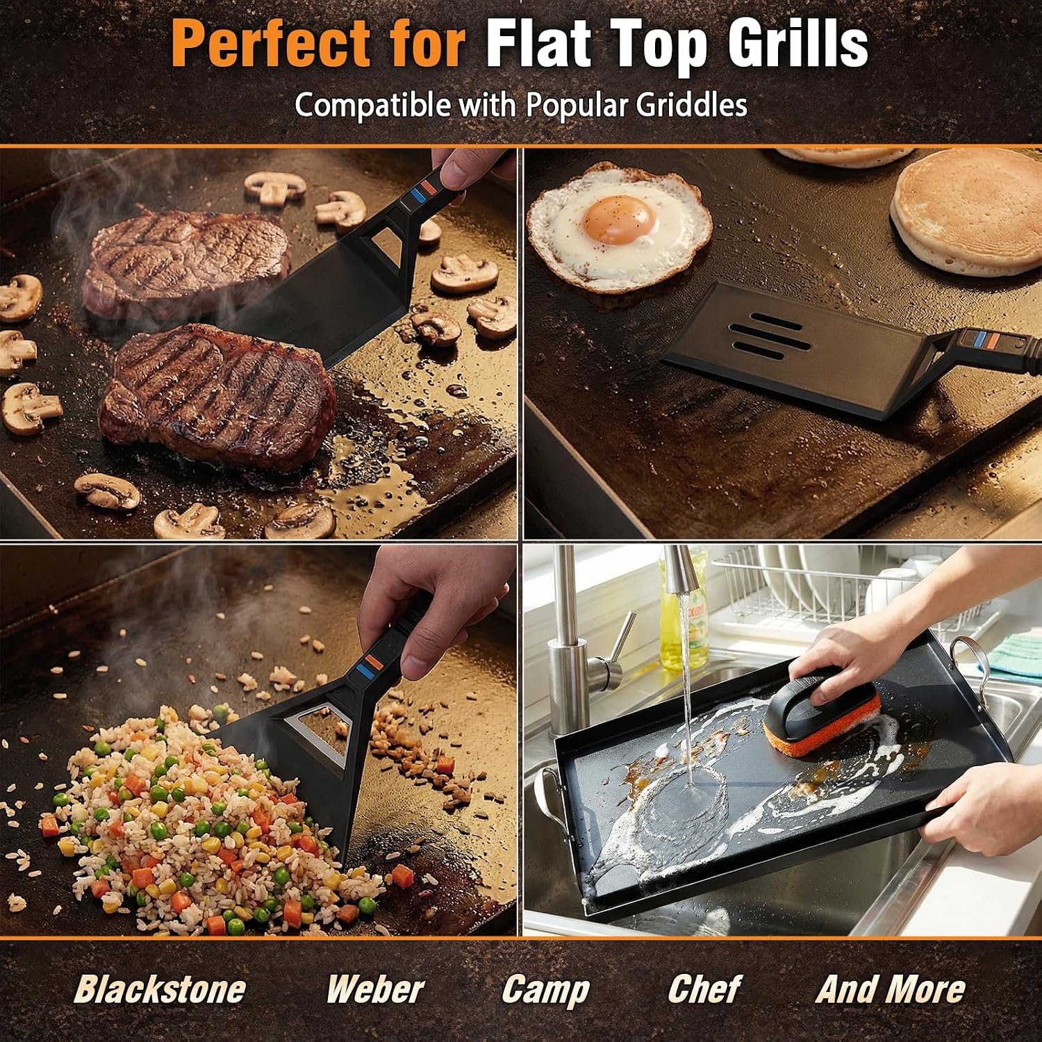 Utheer Griddle Kit, 25' x 16' Pre-Seasoned Cast Iron Flat Top Griddle with 5-Piece Scratch-Free Nonstick Safe Nylon Tools, Universal Grill Griddle for Gas Grill & Stove Top, BBQ, Camping and Cooking