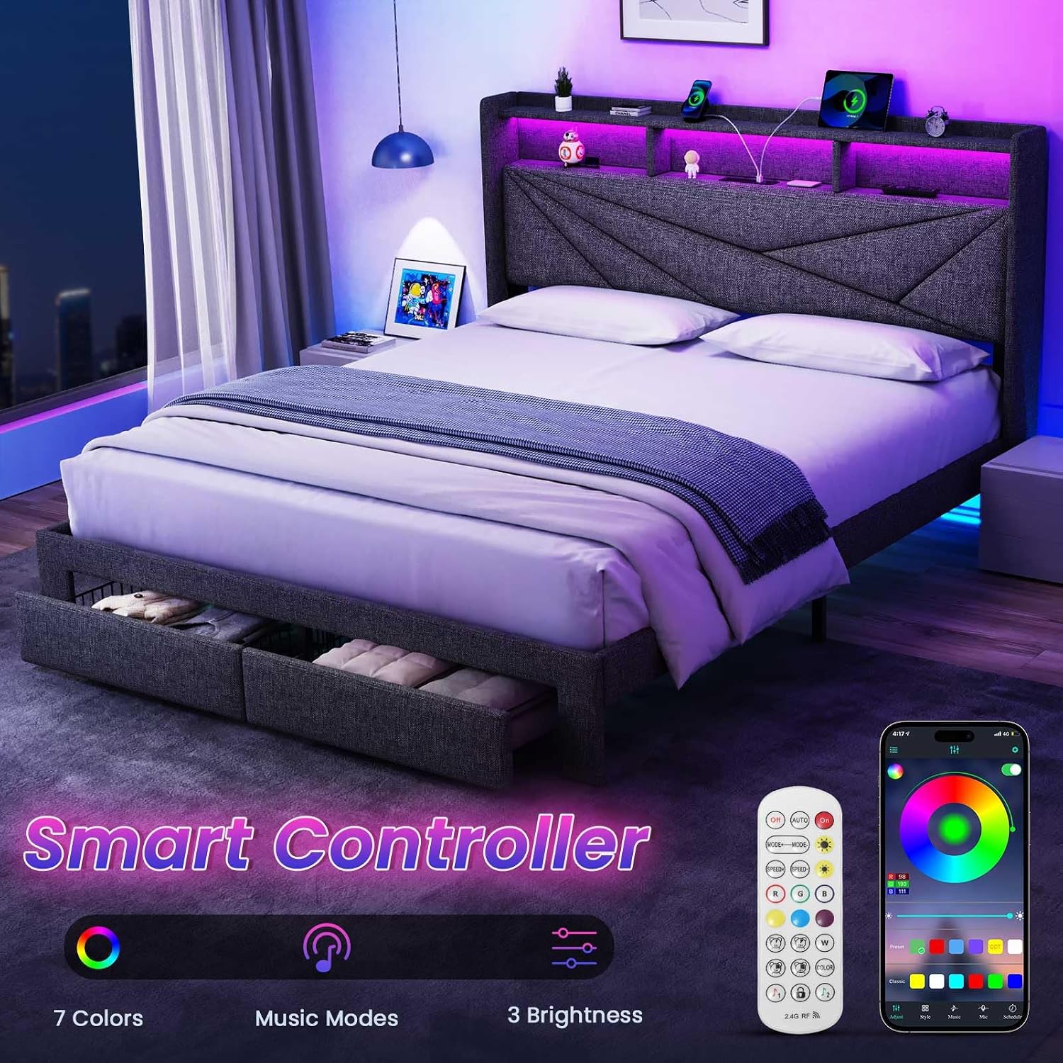 Driftalia LED Queen Bed Frame with 2 Storage Drawers, Upholstered Bed Frame Queen Size with Headboard and Charging Station, No Box Spring Needed, Easy to Assembly-Dark Grey