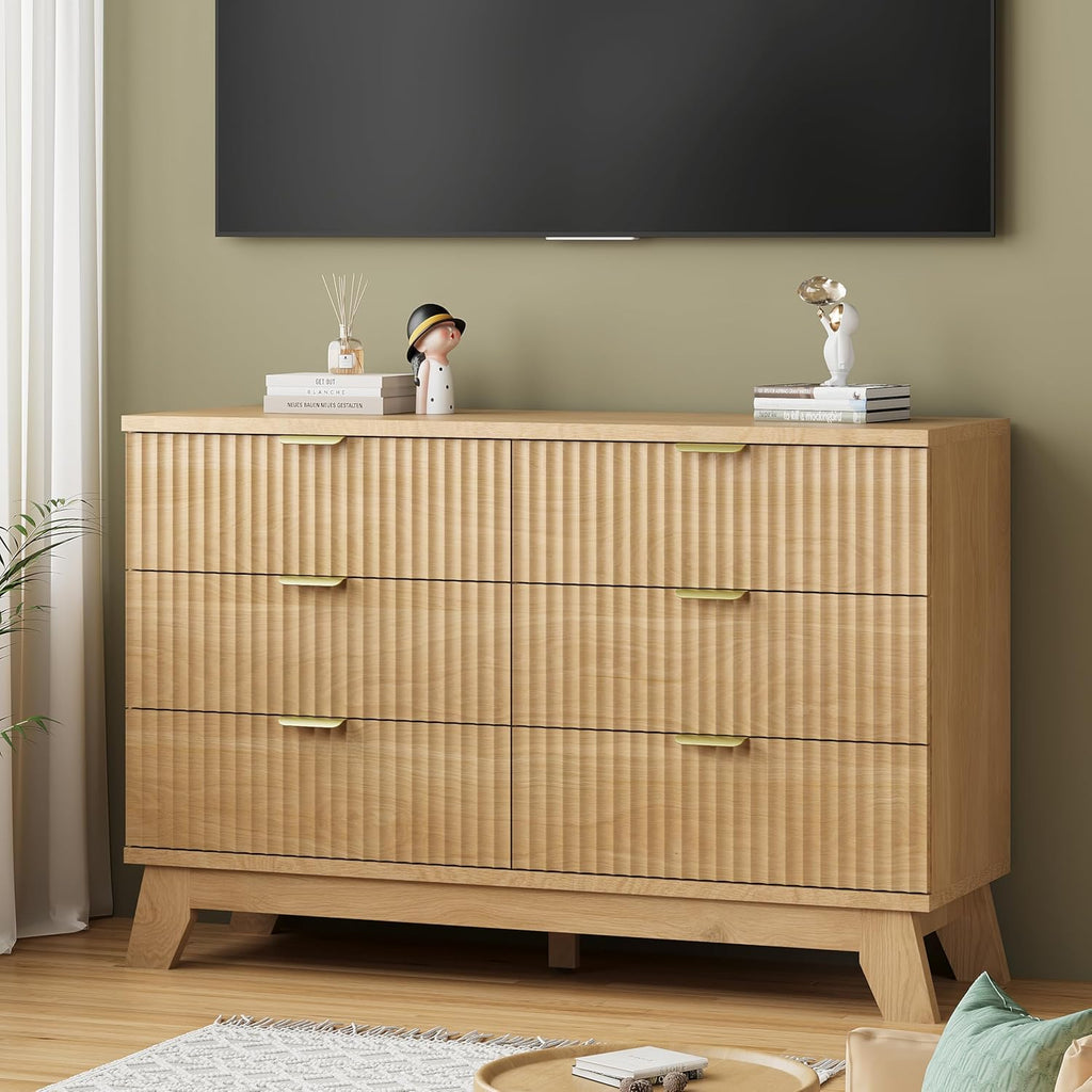 Fluted Dresser for Bedroom with 6 Drawers, 48' Wide Modern Chest of Drawers with Metal Handle, Wooden Dresser TV Stand, Wood Closet Clothes Storage Organizer for Living Room, Hallway, Natural Oak