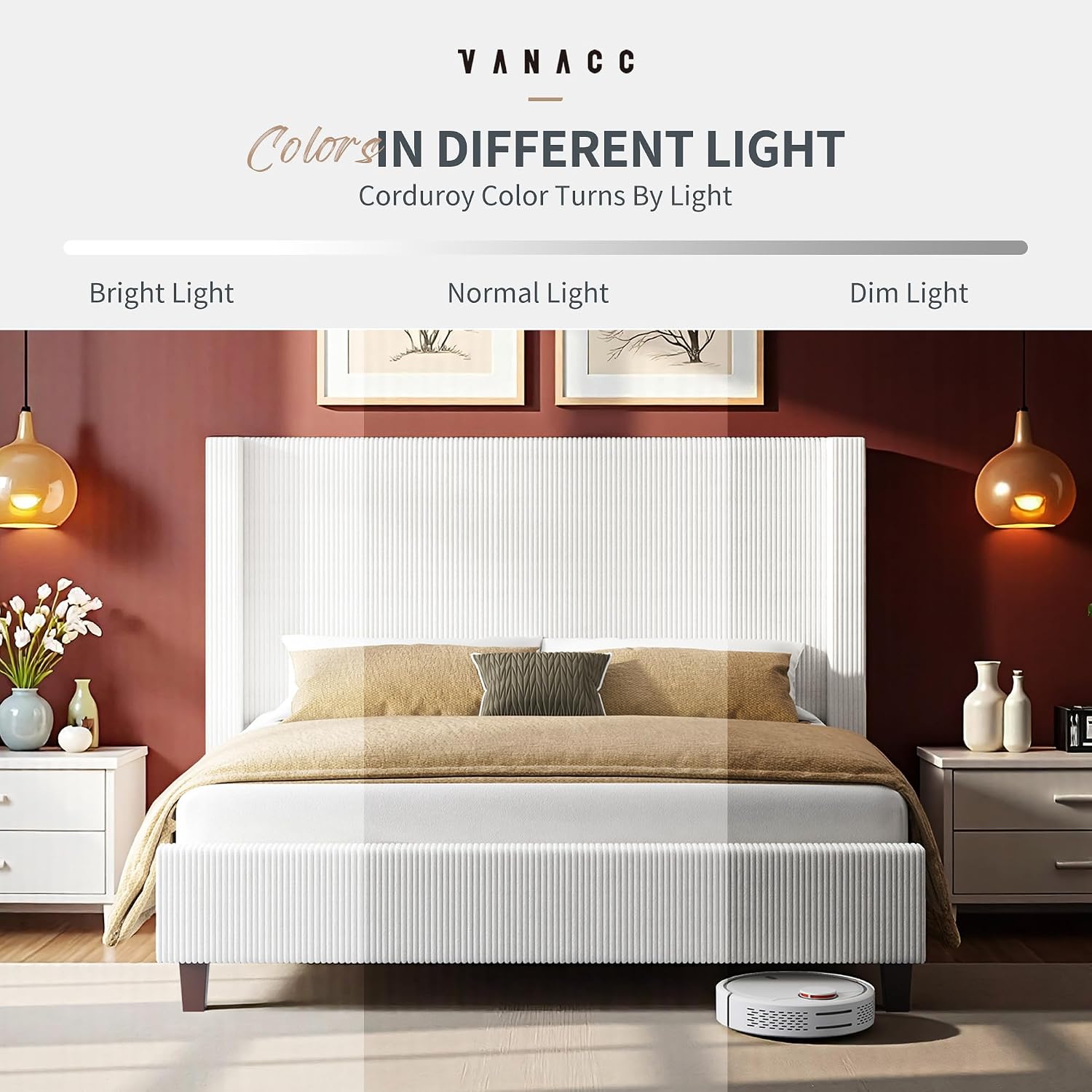 VanAcc Queen Size Platform Bed Frame, 50.8' Corduroy Upholstered Bed with Vertical Channel Tufted Headboard/Wooden Slats/Wingback/No Box Spring Required/White