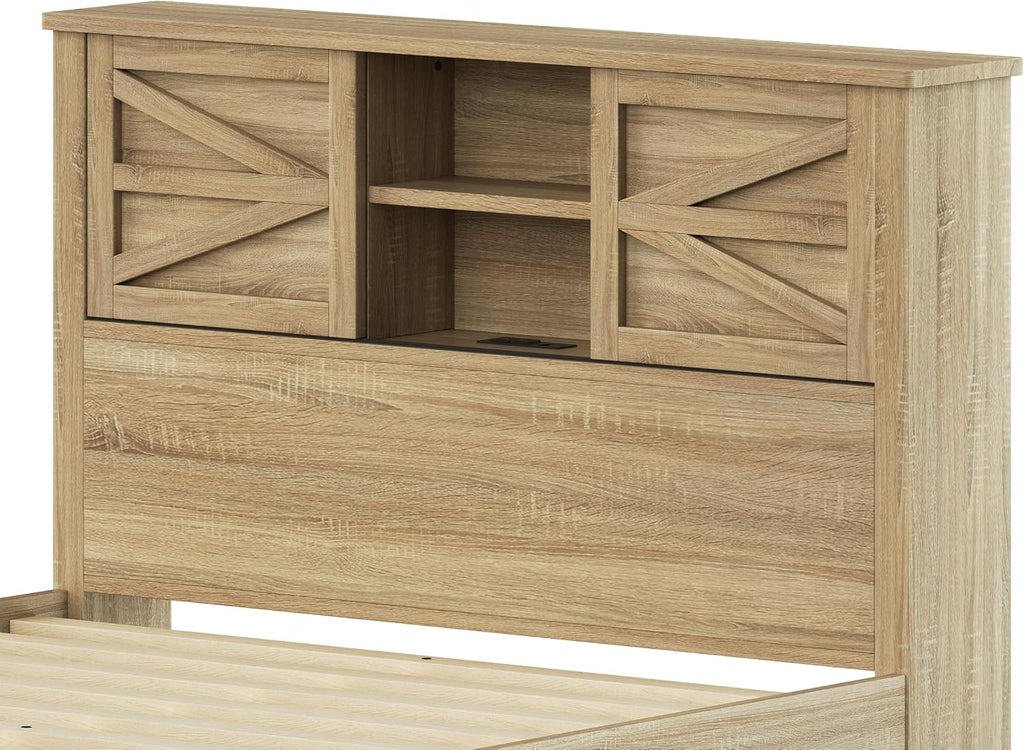 Farmhouse 3-Pieces Bedroom Sets, Full Size Platform Bed with a Nightstand and 6-Drawer Storage, Wood Platform Bed with Double Sliding Door Storage Headboard and Charging Station (Full)
