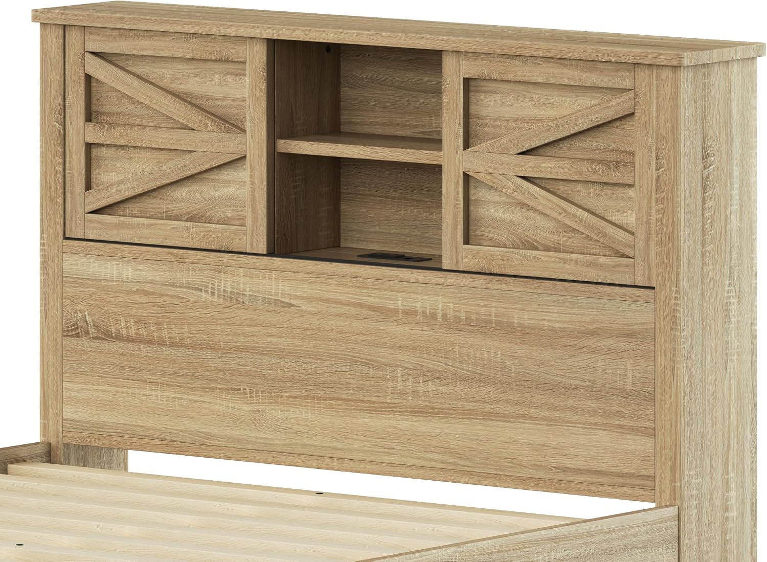 Farmhouse 3-Pieces Bedroom Sets, Queen Size Platform Bed with a Nightstand and 6-Drawer Storage, Wood Platform Bed with Double Sliding Door Storage Headboard and Charging Station (Queen)