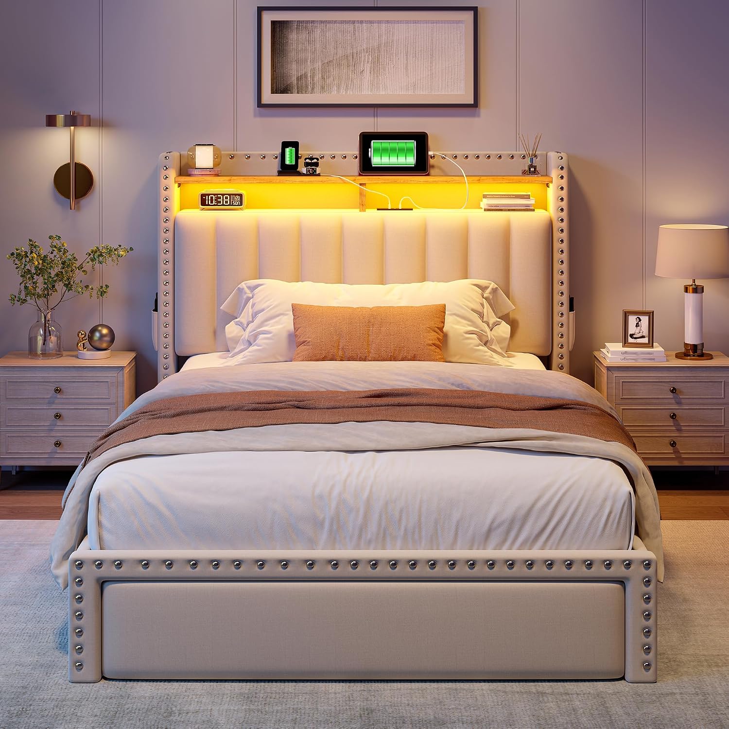 EnHomee Twin Size Bed Frame with One Large Storage Headboard & Charging Station, LED Platform Bed Frame with Storage Drawers, Sturdy Wooden Slats Support, Noise-Free, No Box Spring Needed, Beige