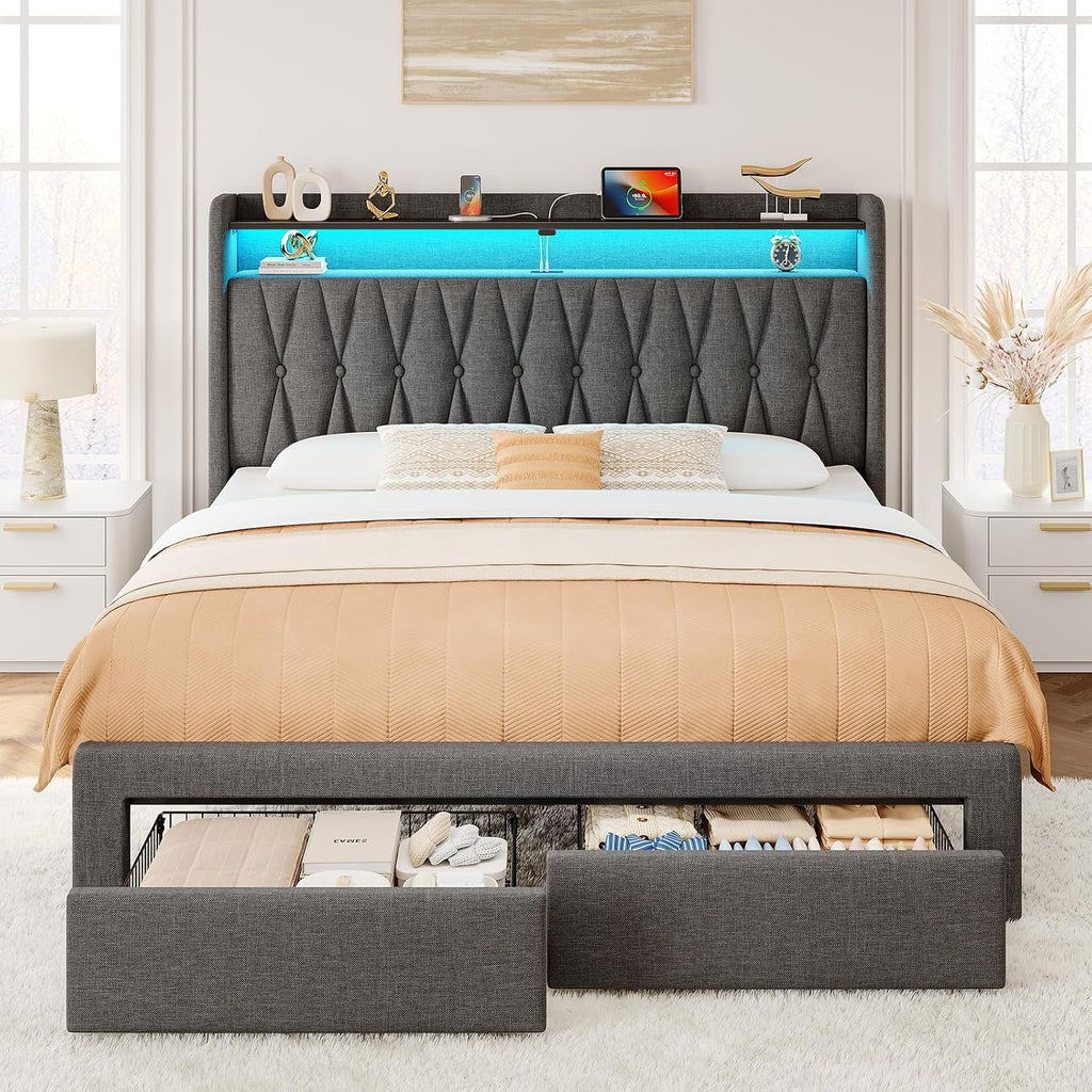 Rolanstar Full Bed Frame with Drawers, Storage Headboard with Charging Station and LED Lights, Upholstered Bed with Heavy Duty Wood Slats, No Box Spring Needed, Noise Free, Easy Assembly, Dark Grey