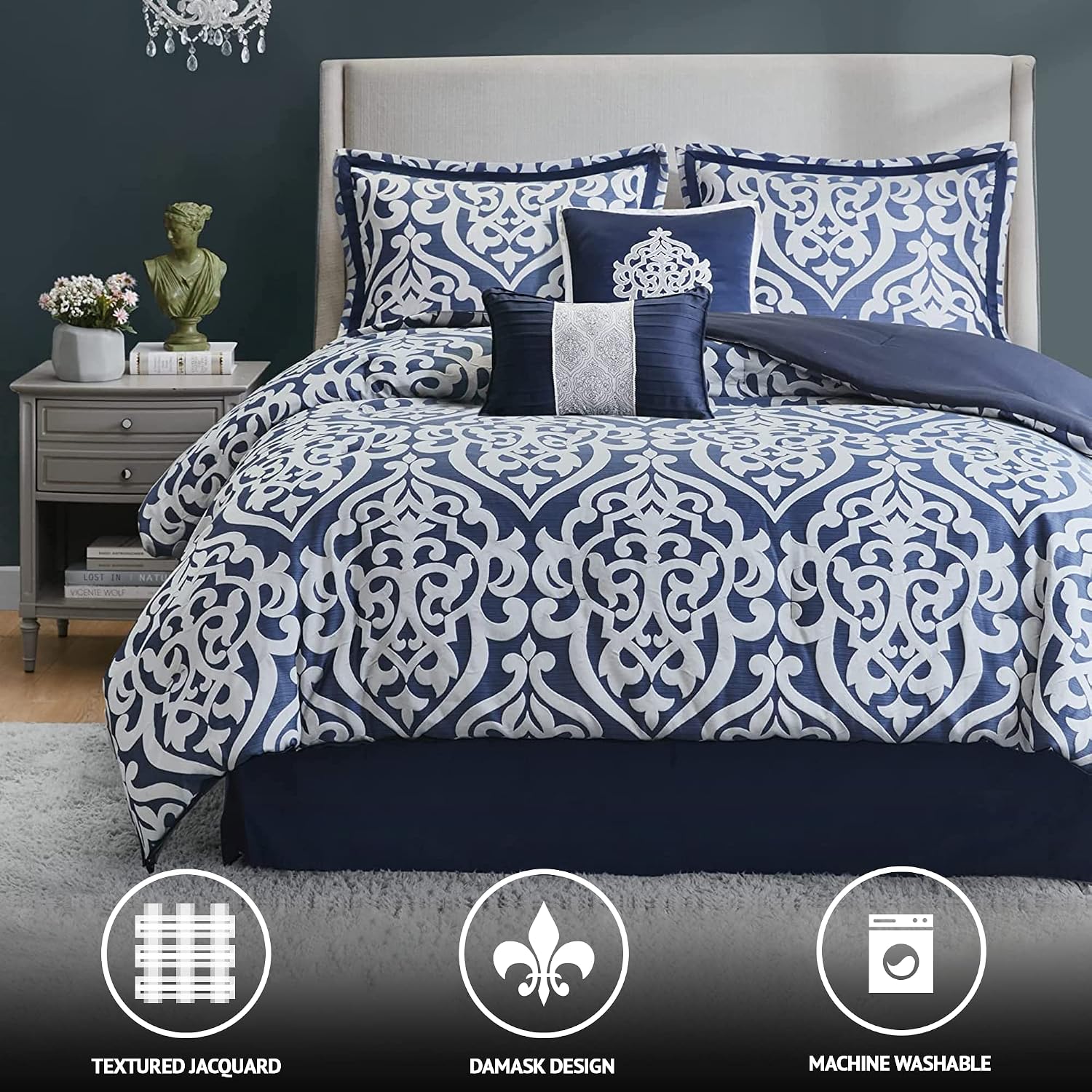 Madison Park Tesla Cozy Comforter Set Jacquard Damask Medallion Design - All Season Down Alternative Bedding, Shams, Bedskirt, Decorative Pillows, King, Navy 6 Piece