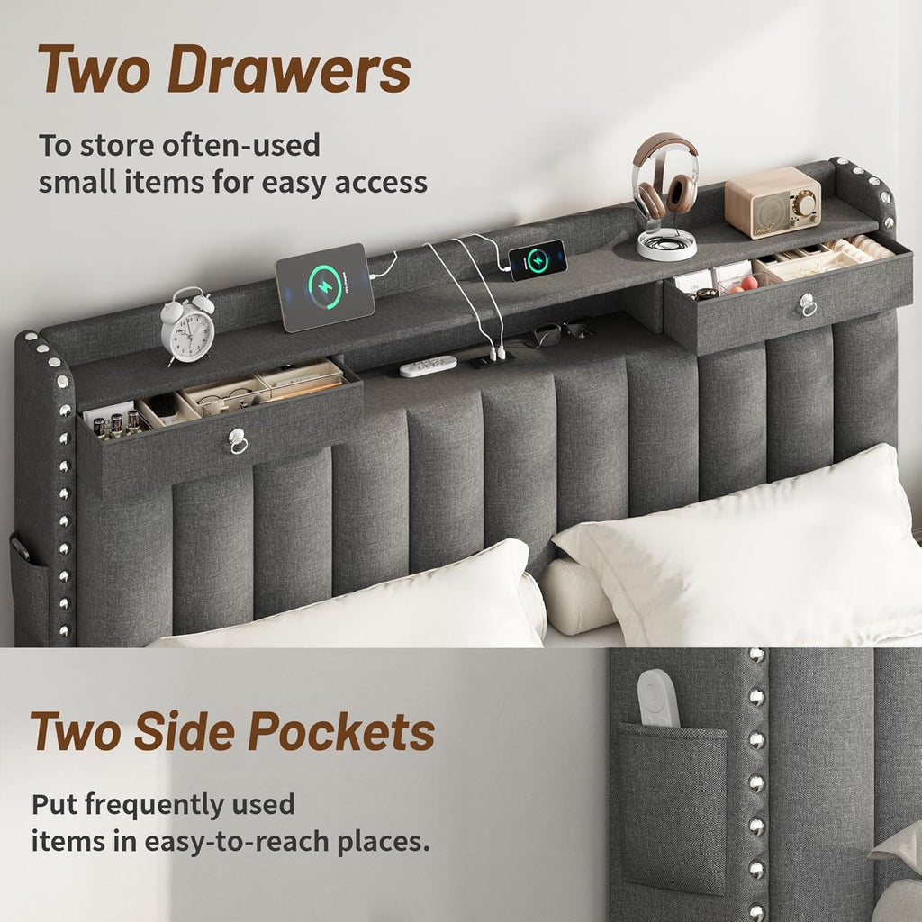 CypBed Queen Bed Frame with Headboard, Upholstered Platform Bed Frame Queen Size with 4 Storage Drawers, 3 USB & Type-C Charging Ports, Solid Wood Slats, No Box Spring Needed, No-Noise, Dark Grey,Gift