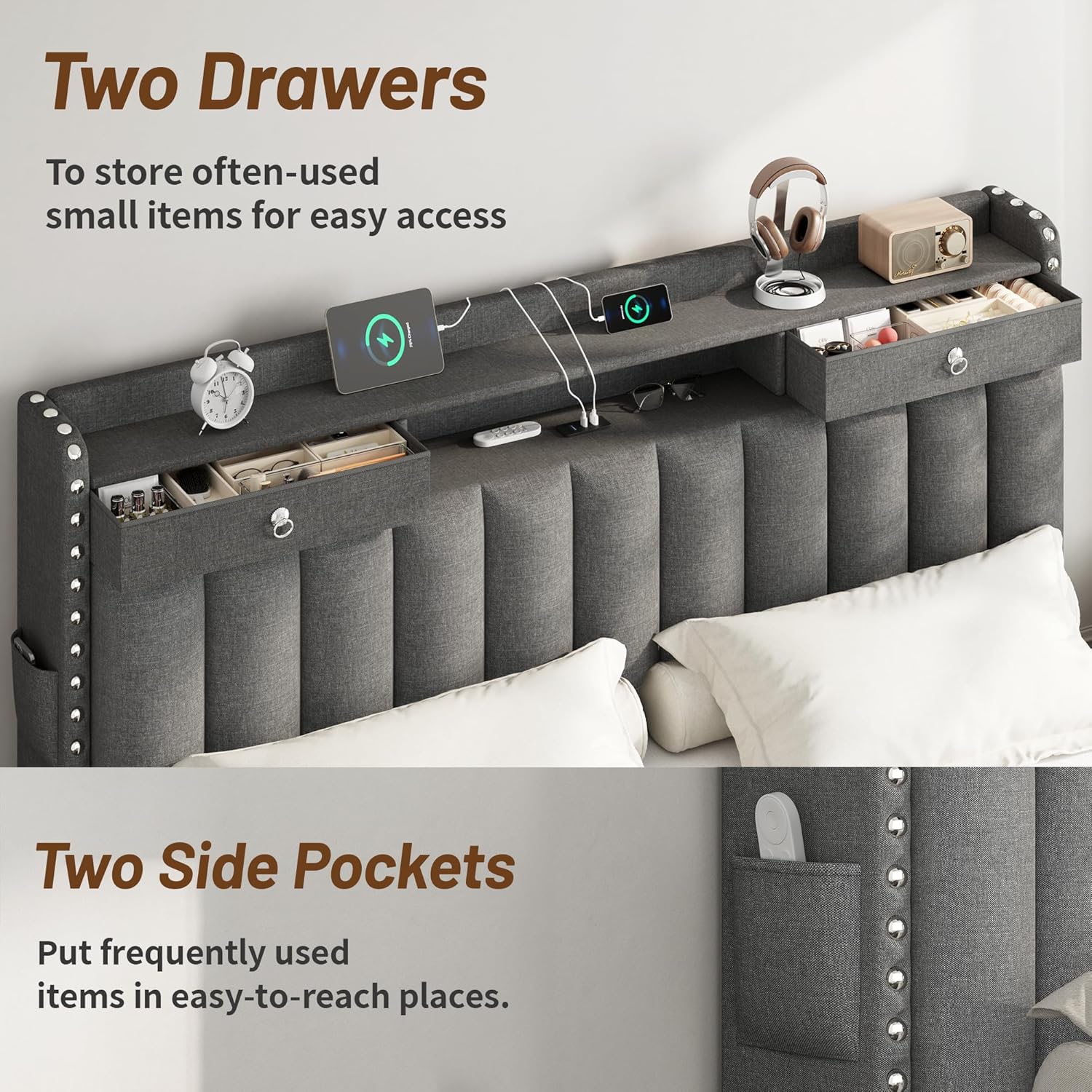 CypBed Queen Bed Frame with Headboard, Upholstered Platform Bed Frame Queen Size with 4 Storage Drawers, 3 USB & Type-C Charging Ports, Solid Wood Slats, No Box Spring Needed, No-Noise, Dark Grey,Gift