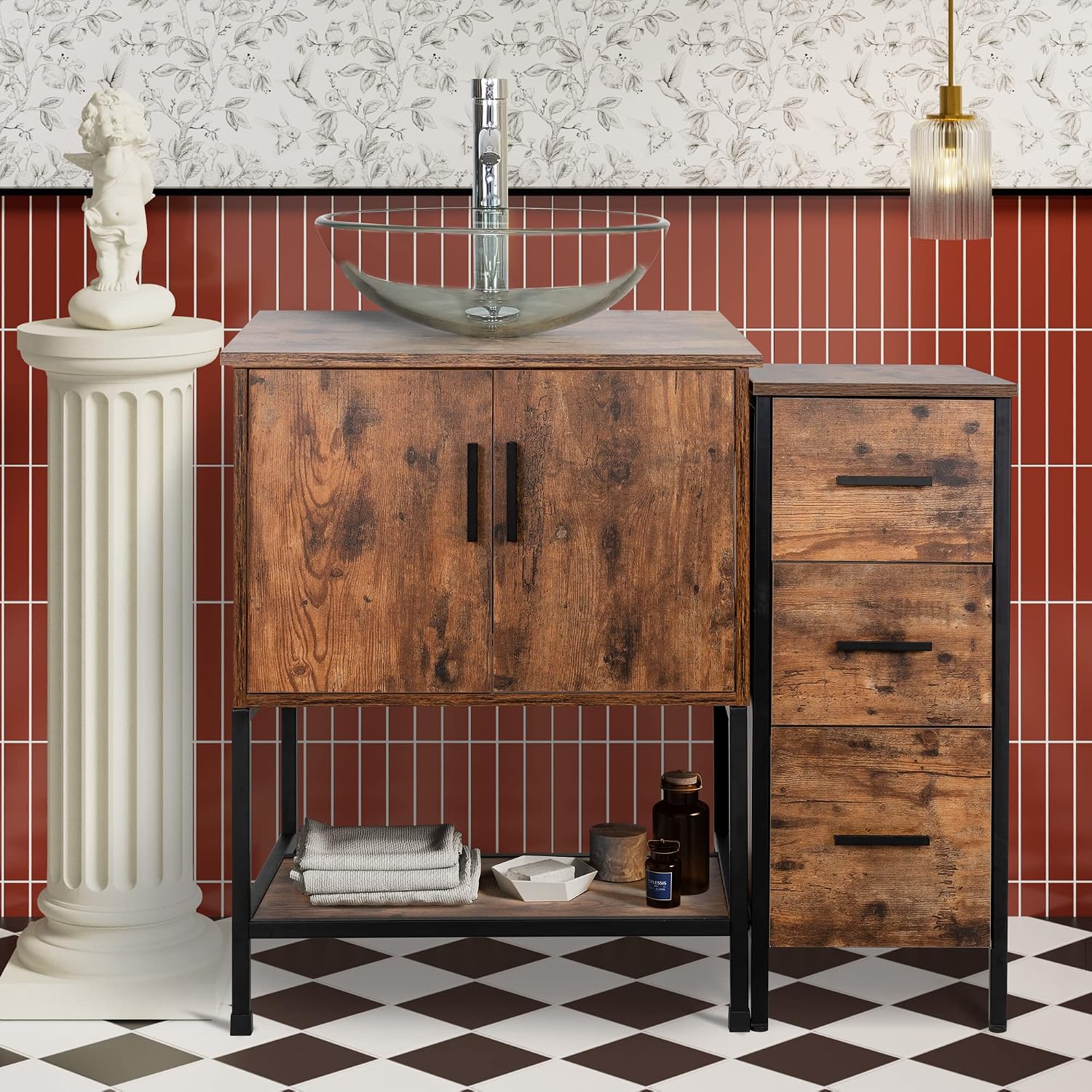 UEV 36' Antique Bathroom Vanity, Dark Brown Bathroom Vanity Set with Sink and 3 Drawers Side Cabinet Combo, Iron Wood Bathroom Cabinet with Adjustable Water Temperature Faucet (A16)