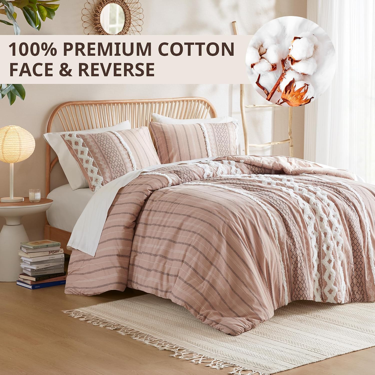INK+IVY Comforter for King Size Bed, Chenille Tufted, Breathable Cotton Comforter Set King, All Season Modern Boho Comforter with Farmhouse Bedding Flare, 2 Matching Shams, King Blush 3 Piece