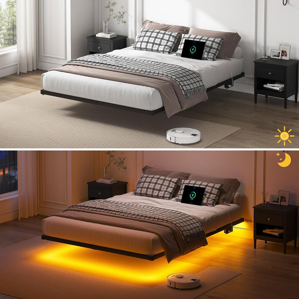 YORMDMO Floating Bed Frame King Size, Heavy Duty Bedframe with Smart LED Lights & Charging Station, Modern Metal Platform Bed, Easy Assembly No Box Spring Needed, 10 Inch
