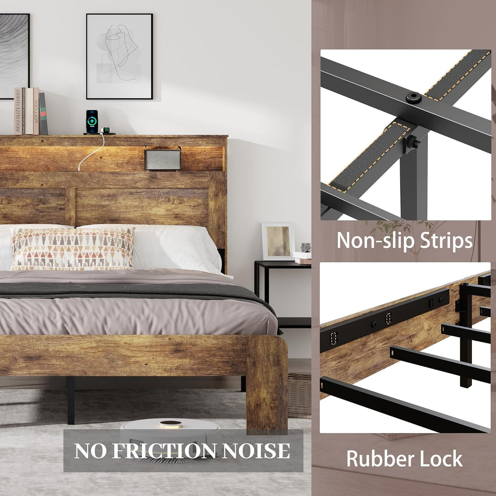 Wooden King Size Bed Frame with Headboard - Rustic Farmhouse Platform Bedframe with Metal Slat Support, Sturdy and No Noise, Easy Assembly (Rustic Brown, King)