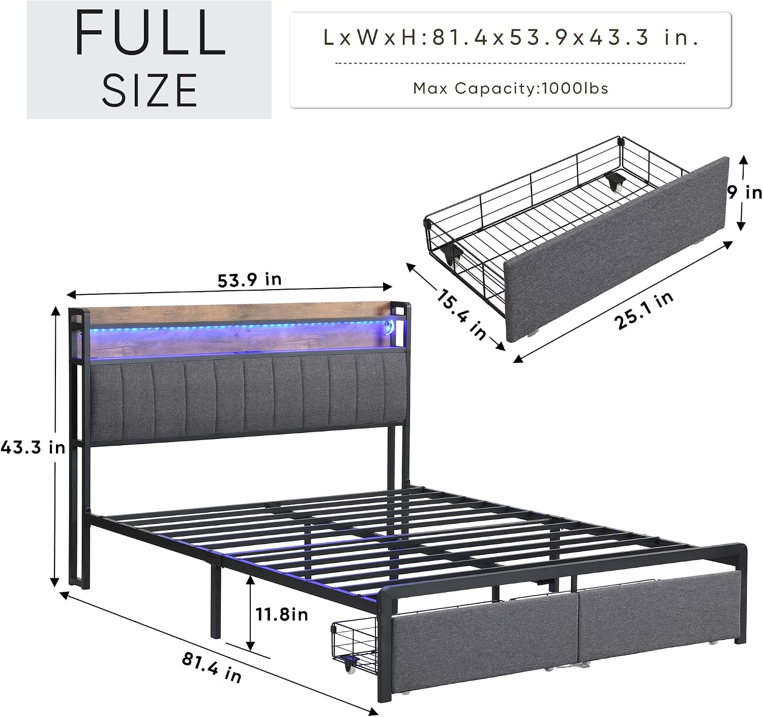 Ailisite Upholstered Full Size Bed Frames with 2 Tier Storage Headboard, LED Bed Frame with 2 Storage Drawers, Grey Platform Bed Frame with Charging Station & Typ-C Charging Port, No Box Spring Needed