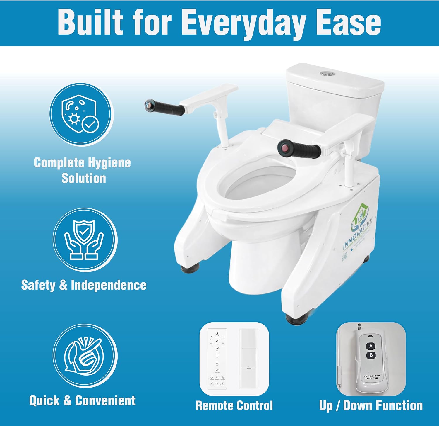 LuxeLift Bidet Powered Toilet Assist Lift Electric Height Adjustable Elevated Seat Riser Built-in Bidet & Dryer Safe Certified Easy Assembly 350 LBS Capacity