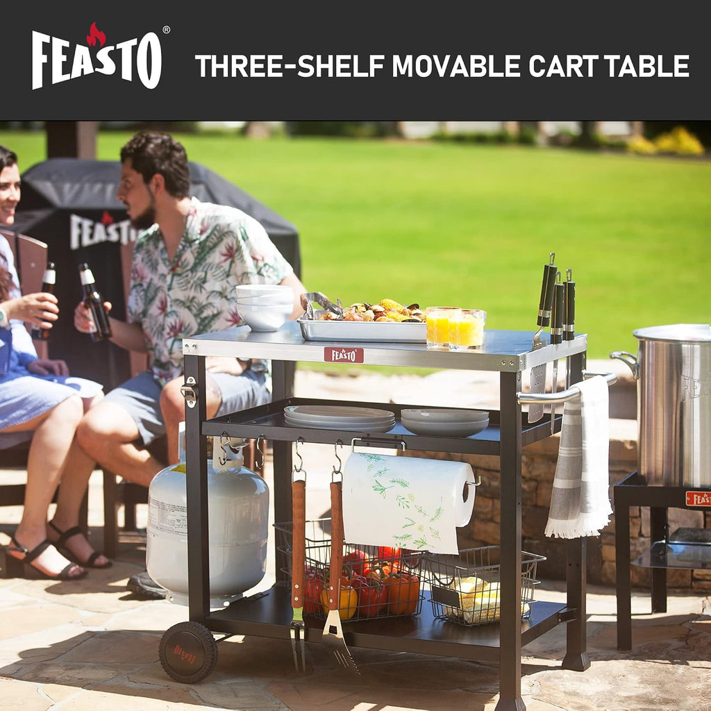 Feasto 3-Shelf Pizza Oven Table with 33.5' x 21.7' Stainless Tabletop, Outdoor Grill Cart with Tank Hook for Pizza Ovens & Griddles, Heavy-Duty Prep Station for Patio BBQ and Deck Parties, Black