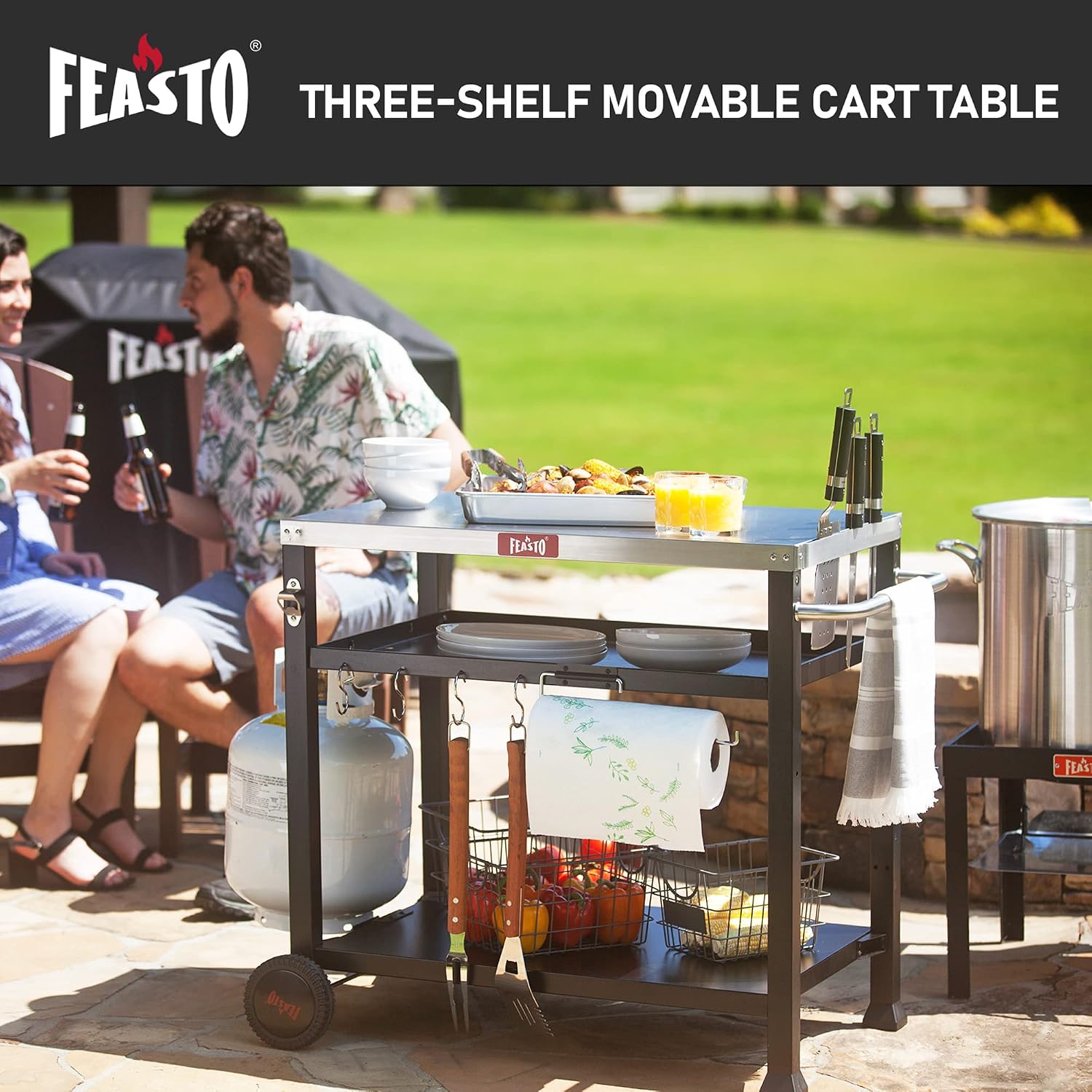 Feasto 3-Shelf Pizza Oven Table with 33.5' x 21.7' Stainless Tabletop, Outdoor Grill Cart with Tank Hook for Pizza Ovens & Griddles, Heavy-Duty Prep Station for Patio BBQ and Deck Parties, Black