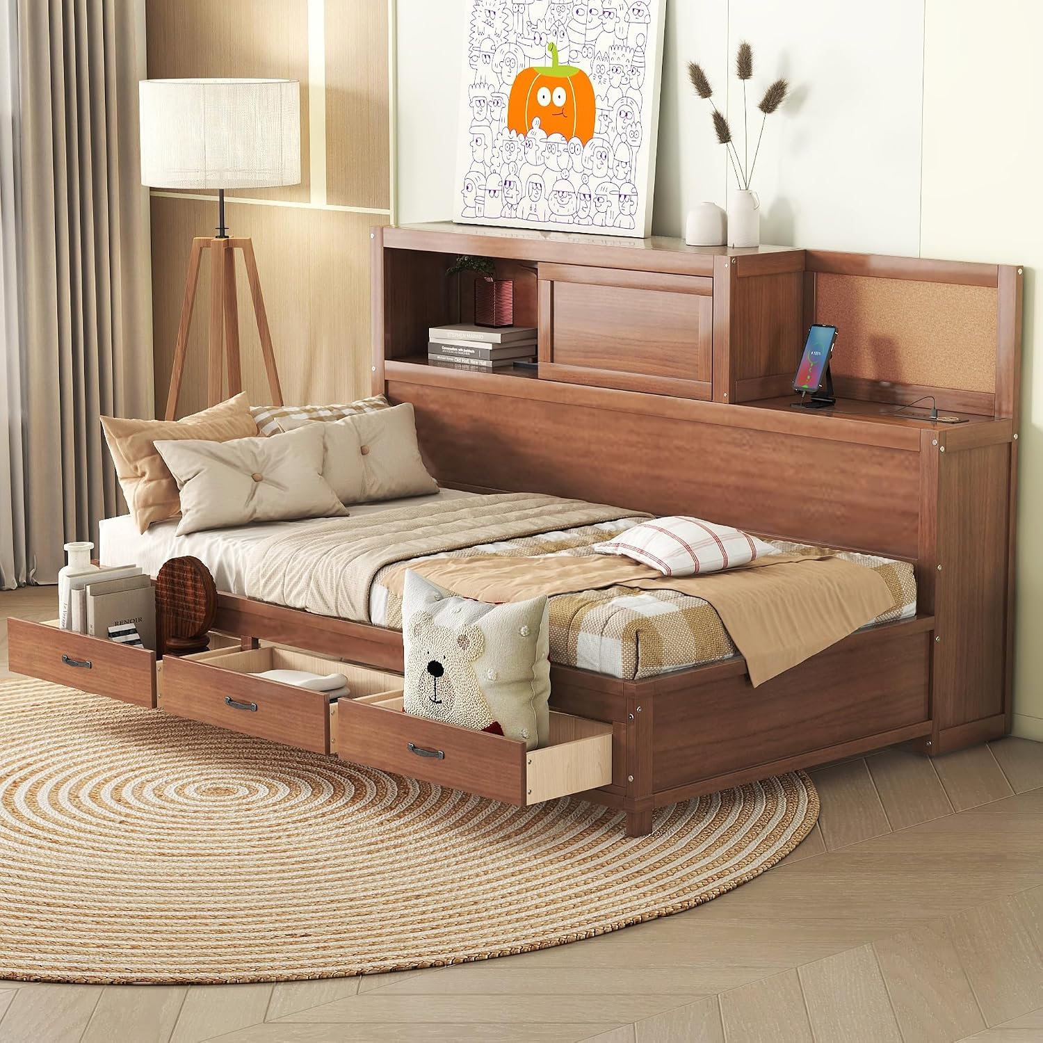 Merax Twin Size Wooden Daybed with 3 Storage Drawers,Headboard with Shelf,A Set of Sockets and USB Ports,Brown