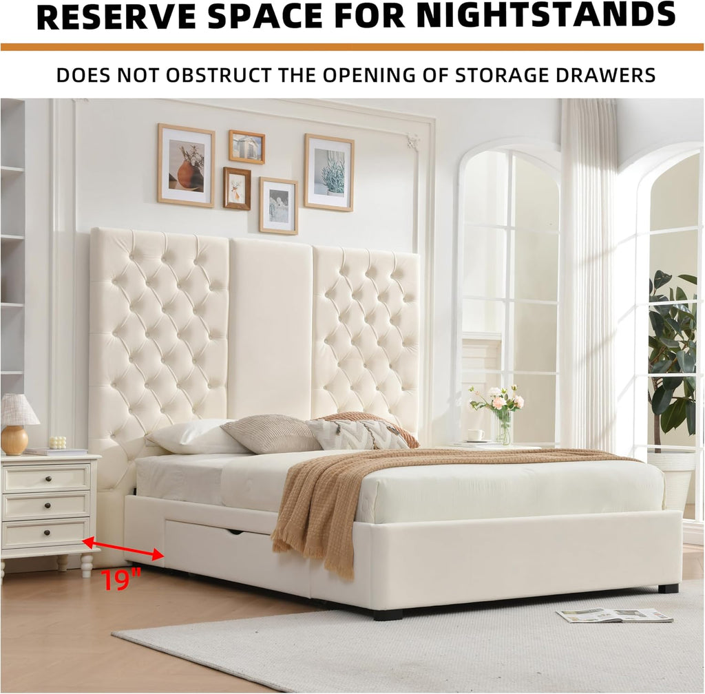 Queen Size Bed Frame with 63' Tall Headboard, Velvet Fabric Upholstered Platform Bed with 2 Large Storage Drawers, Deep Button Tufted, Wooden Slats, Easy Assembly, No Box Spring Needed, Cream