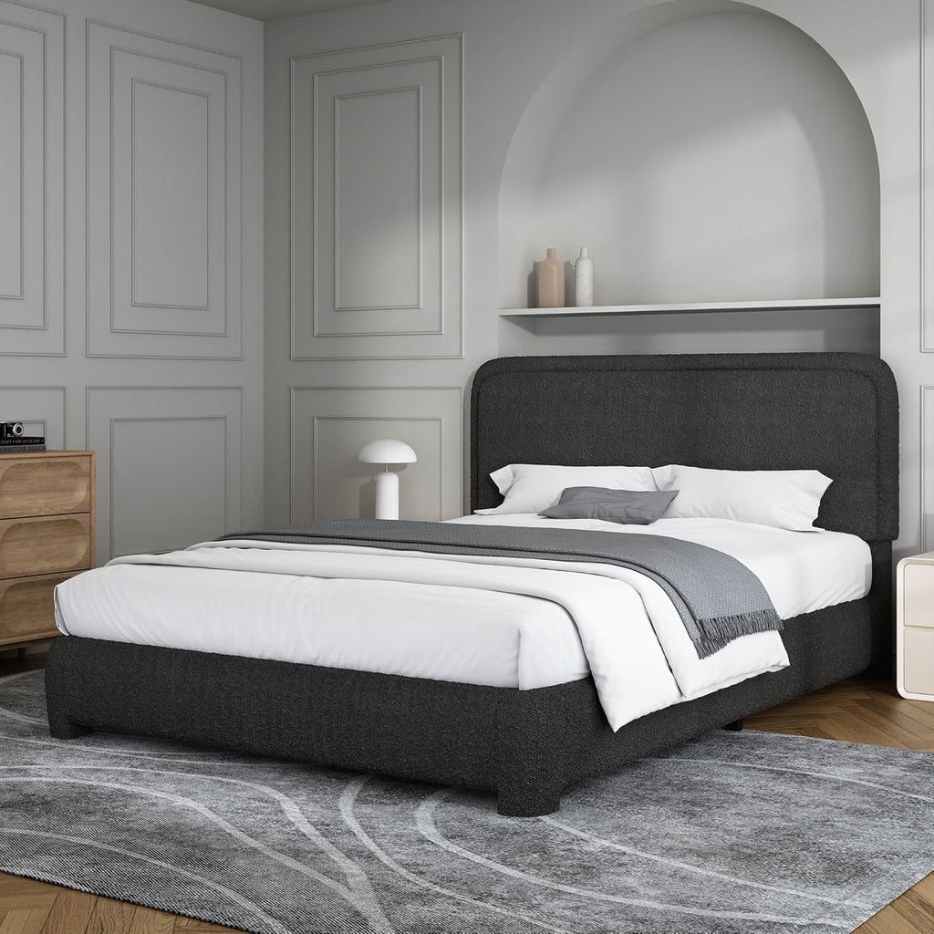 BarnFurin Full Size Bed Frame, Boucle Upholstered Platform Bed Frame with Headboard, Soft Rounded Corners, No Box Spring Required, Non-Slip and Noise-Free, Easy Assembly, Black