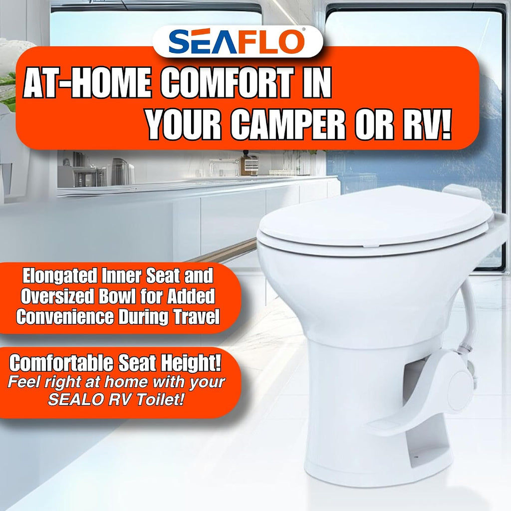 SEAFLO Porcelain RV Toilet with Sprayer Attachment - Elongated Bowl 19' Inch Residential Height, Gravity Flush, Foot Pedal Soft Close Seat Camper Motorhome Easy Install 4 -year Warranty SFRTCH-02-02