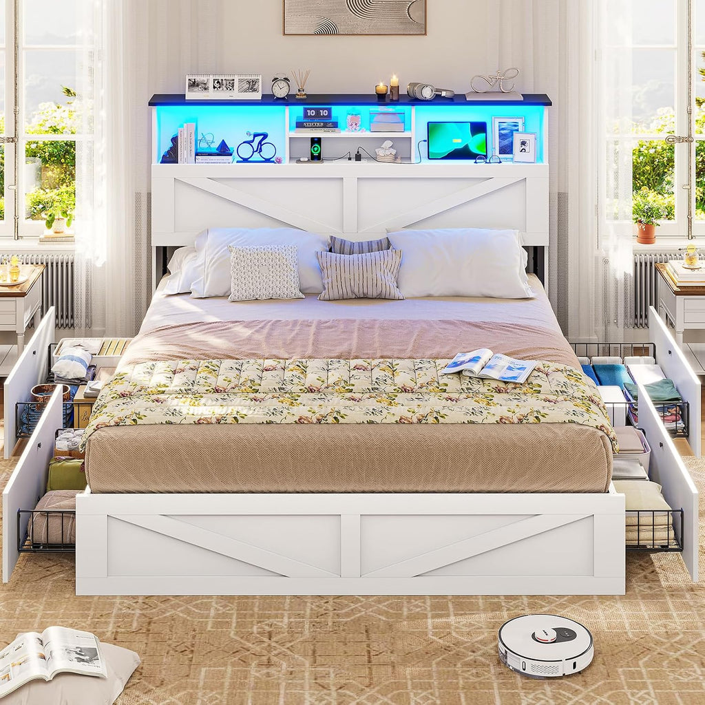 VIAGDO Farmhouse Bed Frame Full Size with Bookcase Storage Headboard, Charging Station and LED Lights, Wooden Full Bed Frame with 4 Drawers, Barn Door Design, No Box Spring Needed, No Noise, White