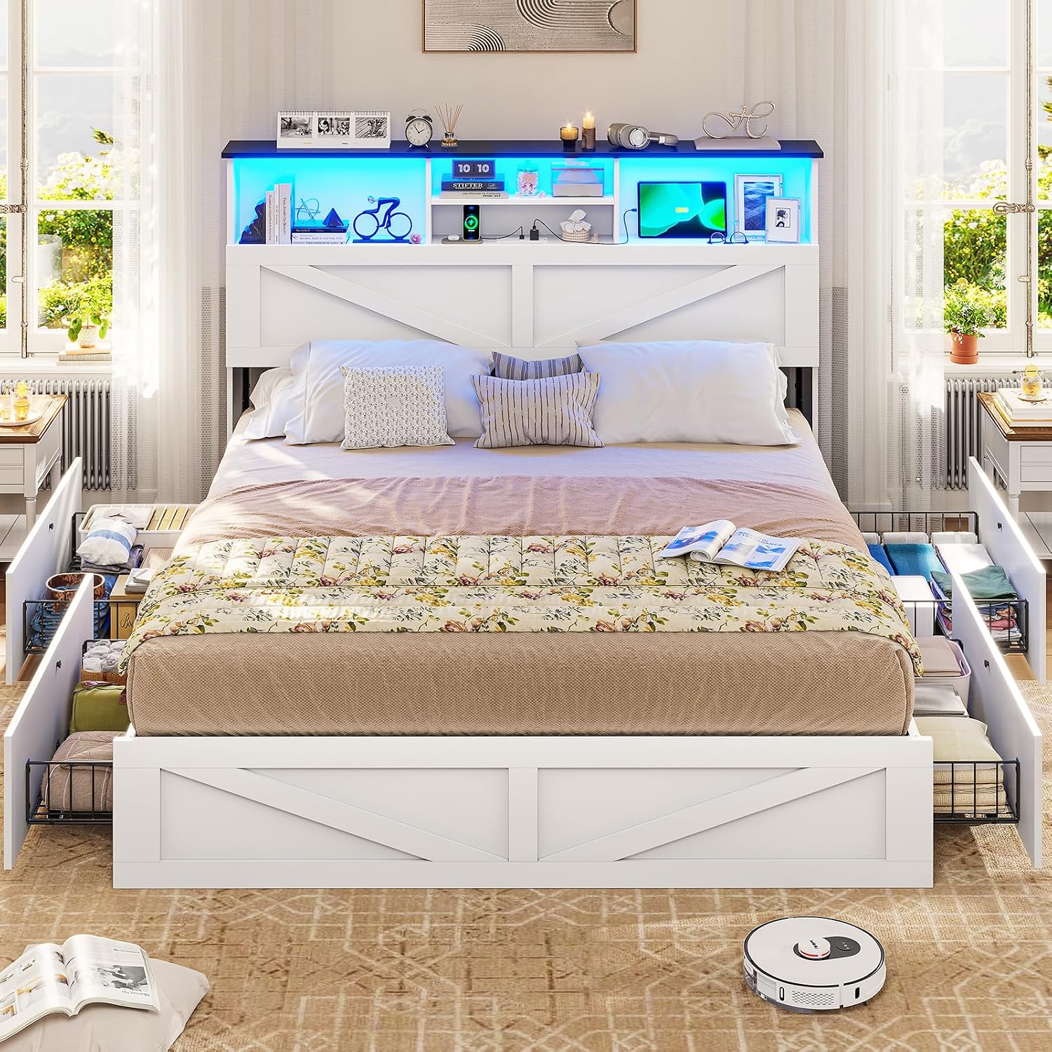 VIAGDO Farmhouse Bed Frame Full Size with Bookcase Storage Headboard, Charging Station and LED Lights, Wooden Full Bed Frame with 4 Drawers, Barn Door Design, No Box Spring Needed, No Noise, White