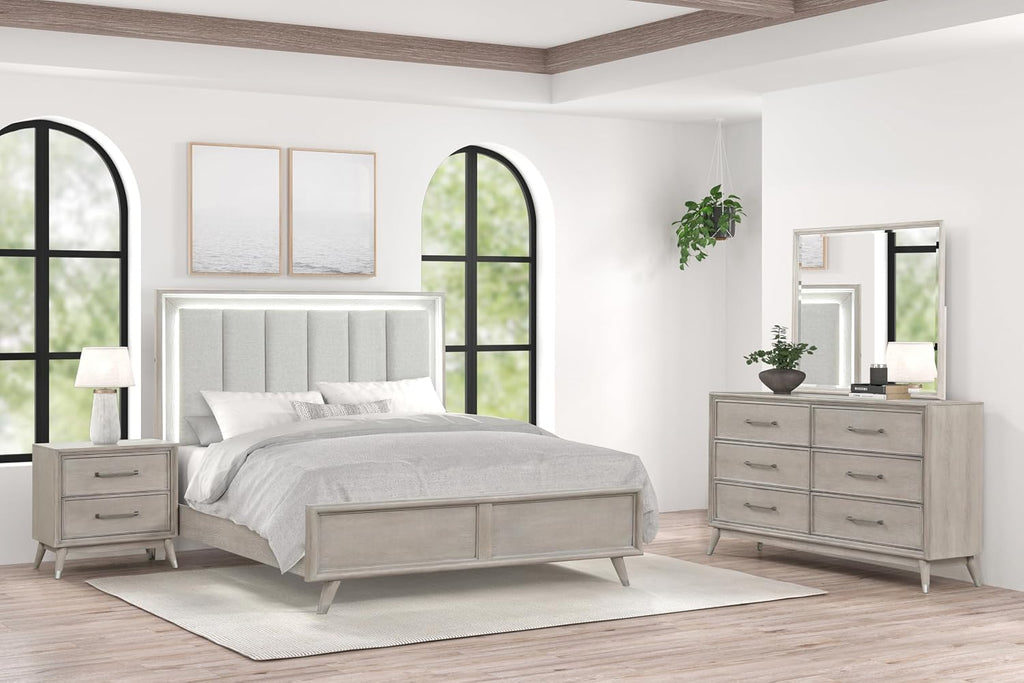 Roundhill Furniture Seluna 4-Piece Bedroom Set with Touch LED Lighting, Gray Oak Finish, King