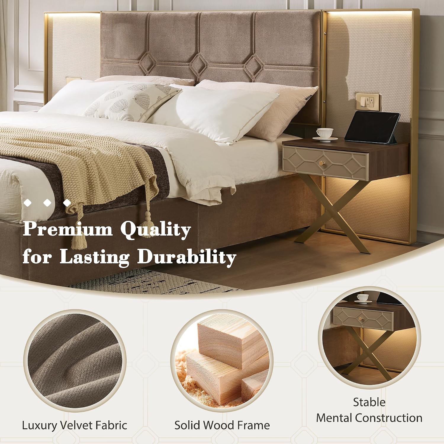 Luxurious Queen Platform Bed Frame with Metal Frame Headboard, Modern Velvet Upholstered Platform Bed with 2 Built-in Wall Lamps and Bedside Table for Bedroom Guestroom, Coffee