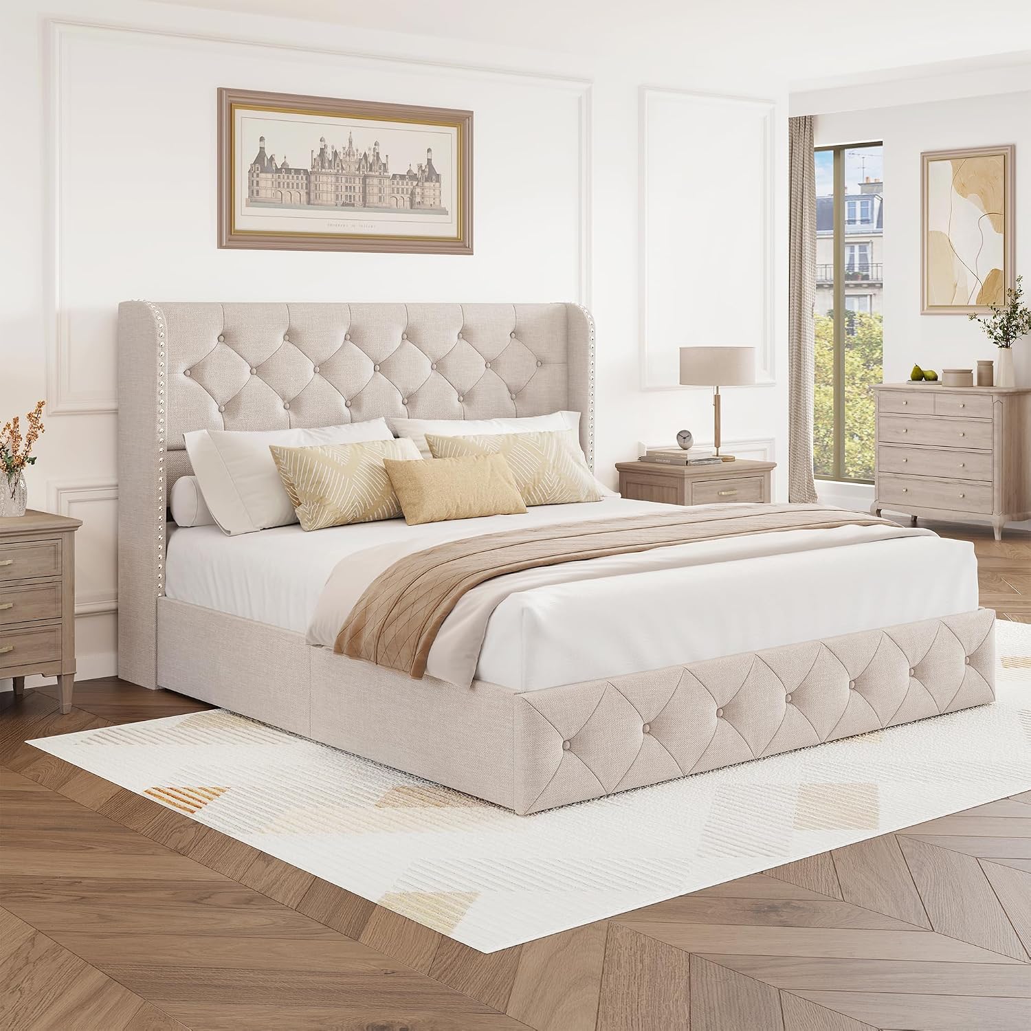 BRELTAM Queen Size Bed Frame with Storage Drawers and Wingback Headboard Linen Upholstered Platform Bed Frame Tufted Beds with Heavy Duty Wood Slats, Noise Free, Easy Assembly, Beige