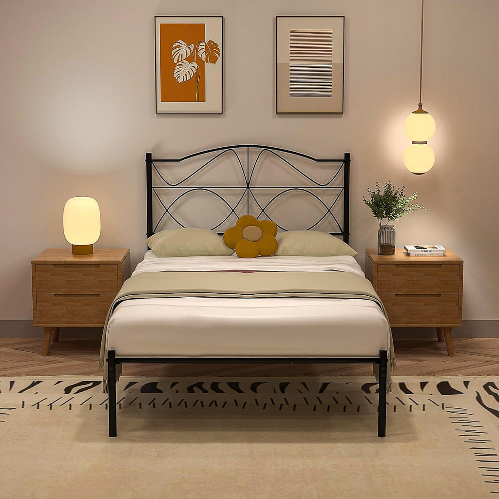 VECELO 2 Set Twin Size Bed Frame, Metal Bed Platform with Headboard, Sturdy Steel Slats Support, No Box Spring Needed/Noise-Free,Easy Assembly, Black