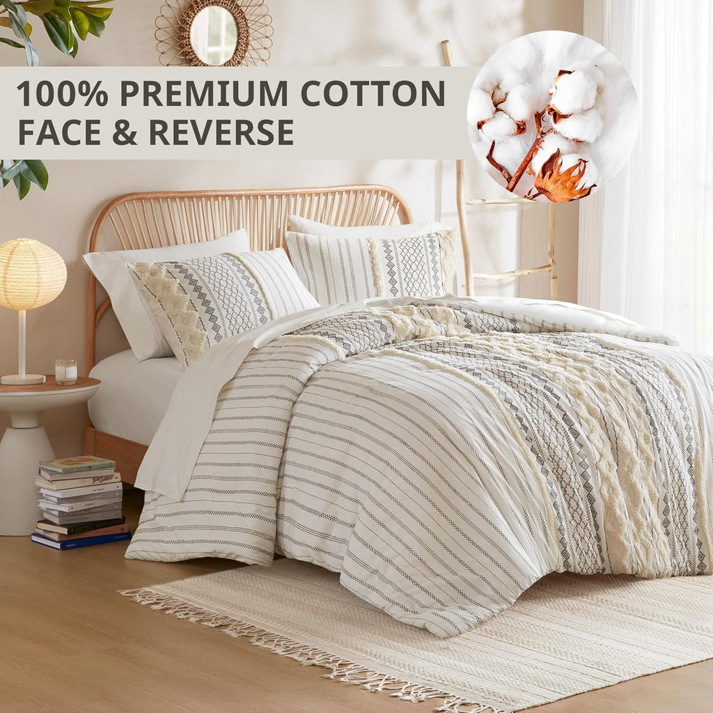 INK+IVY King Comforter Set, Boho Comforters, Breathable Cotton Bed Set, All Season Modern Chenille Tufted Comforter with Farmhouse Bedding Flare, Gifts for Women, Ivory 3 Piece
