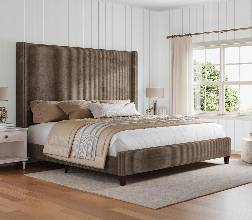 HOWE King Size Bed Frame with 61.4' Extra Tall Headboard, Corduroy Upholstered Bed with Vertical Wingback Headboard, No Box Spring Needed/Noise Free/Solid Wood Slats & Legs/Brown