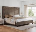 HOWE King Size Bed Frame with 61.4' Extra Tall Headboard, Corduroy Upholstered Bed with Vertical Wingback Headboard, No Box Spring Needed/Noise Free/Solid Wood Slats & Legs/Brown