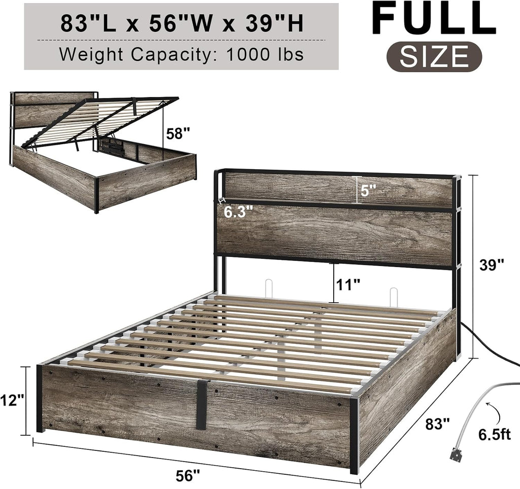AMERLIFE Full Size Lift Up Storage Bed Frame, Wooden Platform Bed Frame with Lifting Storage & Charging Station, No Spring Box Needed/Noise Free, Rustic Grey