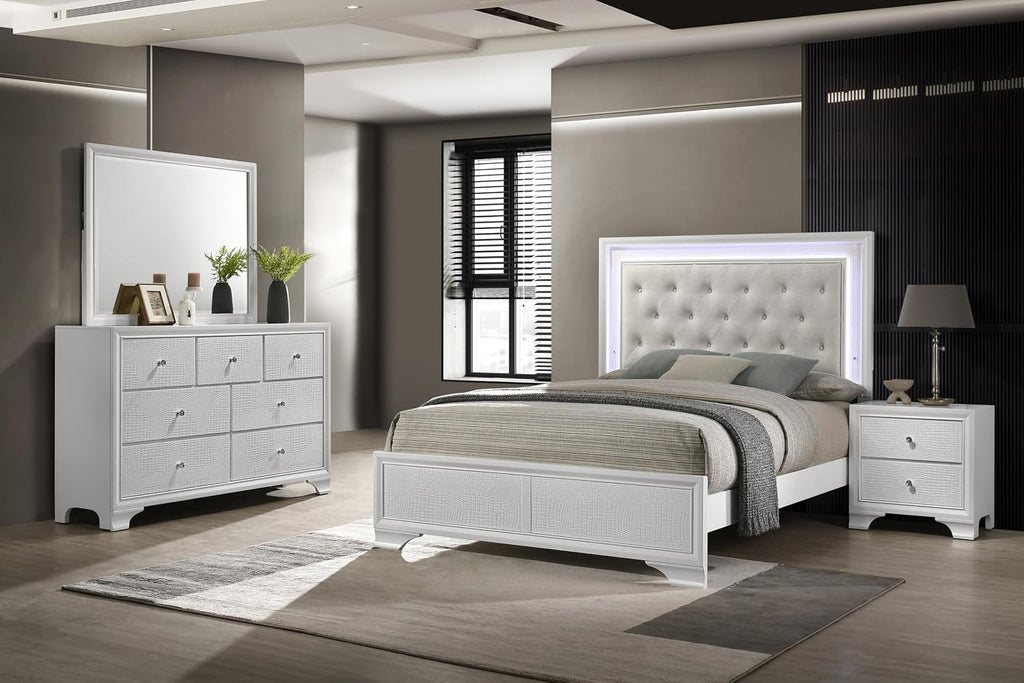 Modern Crisp White Textured Finish Tufted Headboard Integrated LED Lighting King Size 5pc Bed Set Bedroom Furniture