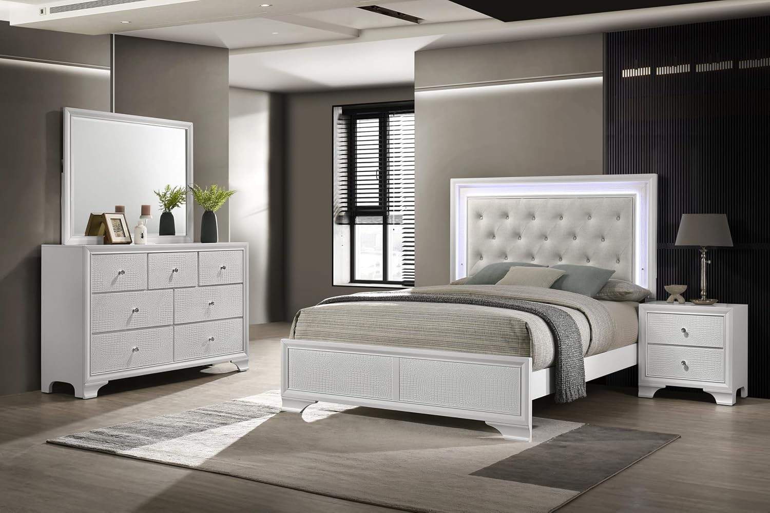 Modern Crisp White Textured Finish Tufted Headboard Integrated LED Lighting King Size 5pc Bed Set Bedroom Furniture