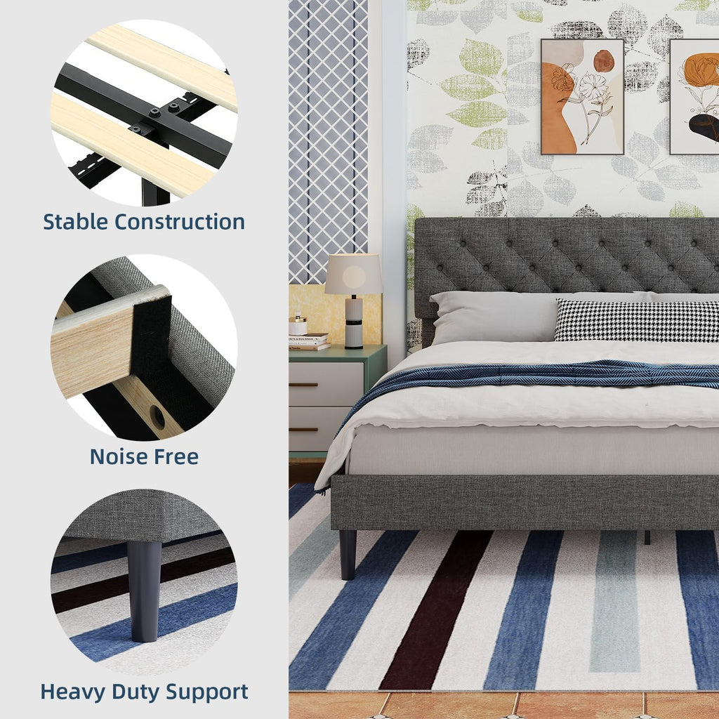 BarnFurin King Size Platform Bed Frame, Fabric Upholstered Bed with Button Tufted Headboard, Adjustable Headboard Design, Easy Assembly, No Box Spring Required, Light Grey