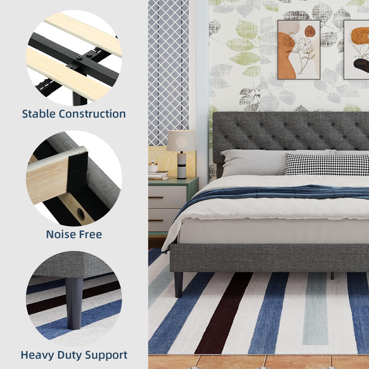 BarnFurin King Size Platform Bed Frame, Fabric Upholstered Bed with Button Tufted Headboard, Adjustable Headboard Design, Easy Assembly, No Box Spring Required, Light Grey