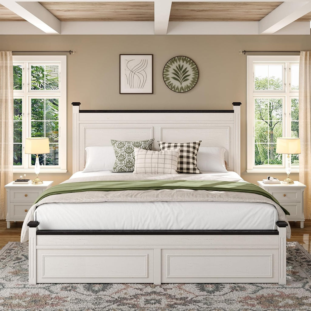 Homkdom Full Size Bed Frame with Tall Headboard, Bed Frame Full with Storage, 2 Drawers, Farmhouse, Wooden, No Box Spring Needed, White