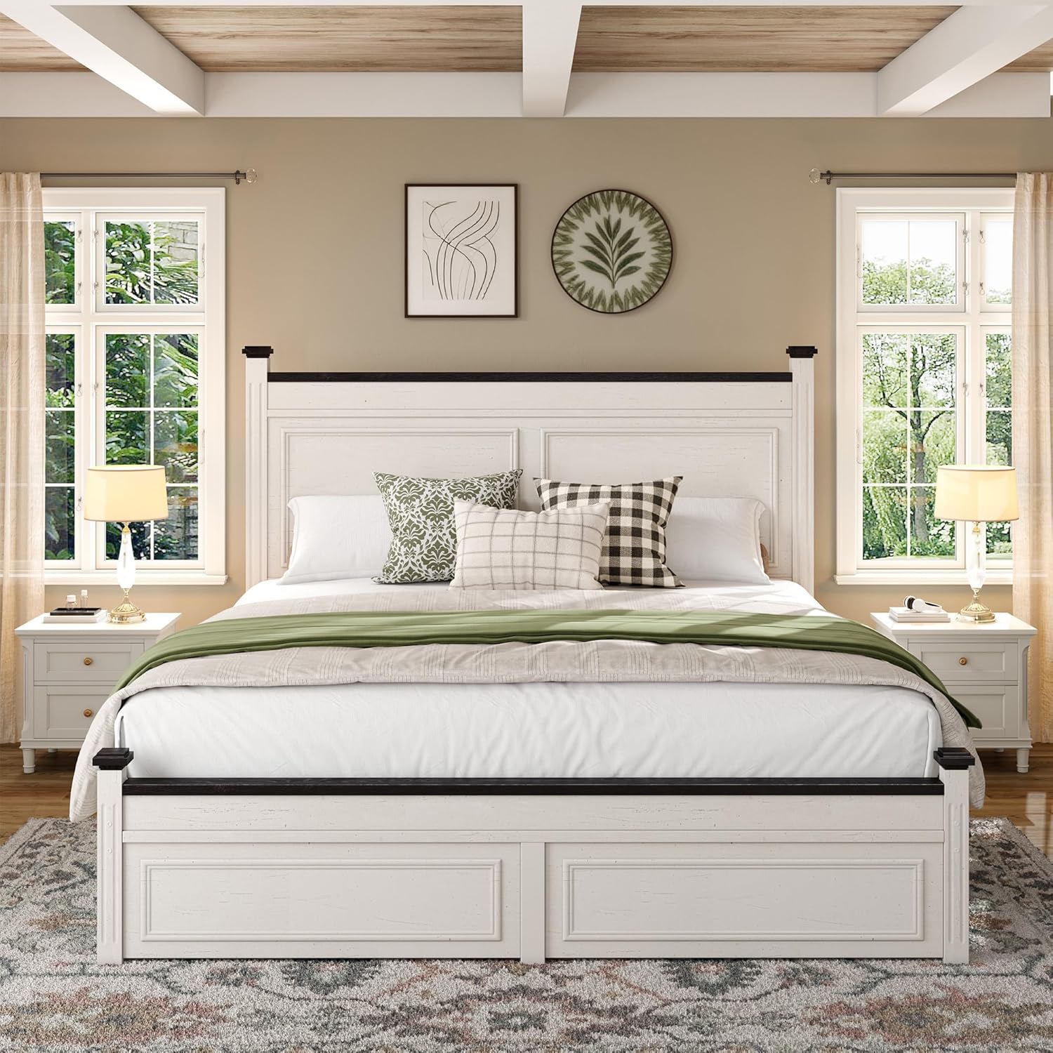 Homkdom Full Size Bed Frame with Tall Headboard, Bed Frame Full with Storage, 2 Drawers, Farmhouse, Wooden, No Box Spring Needed, White