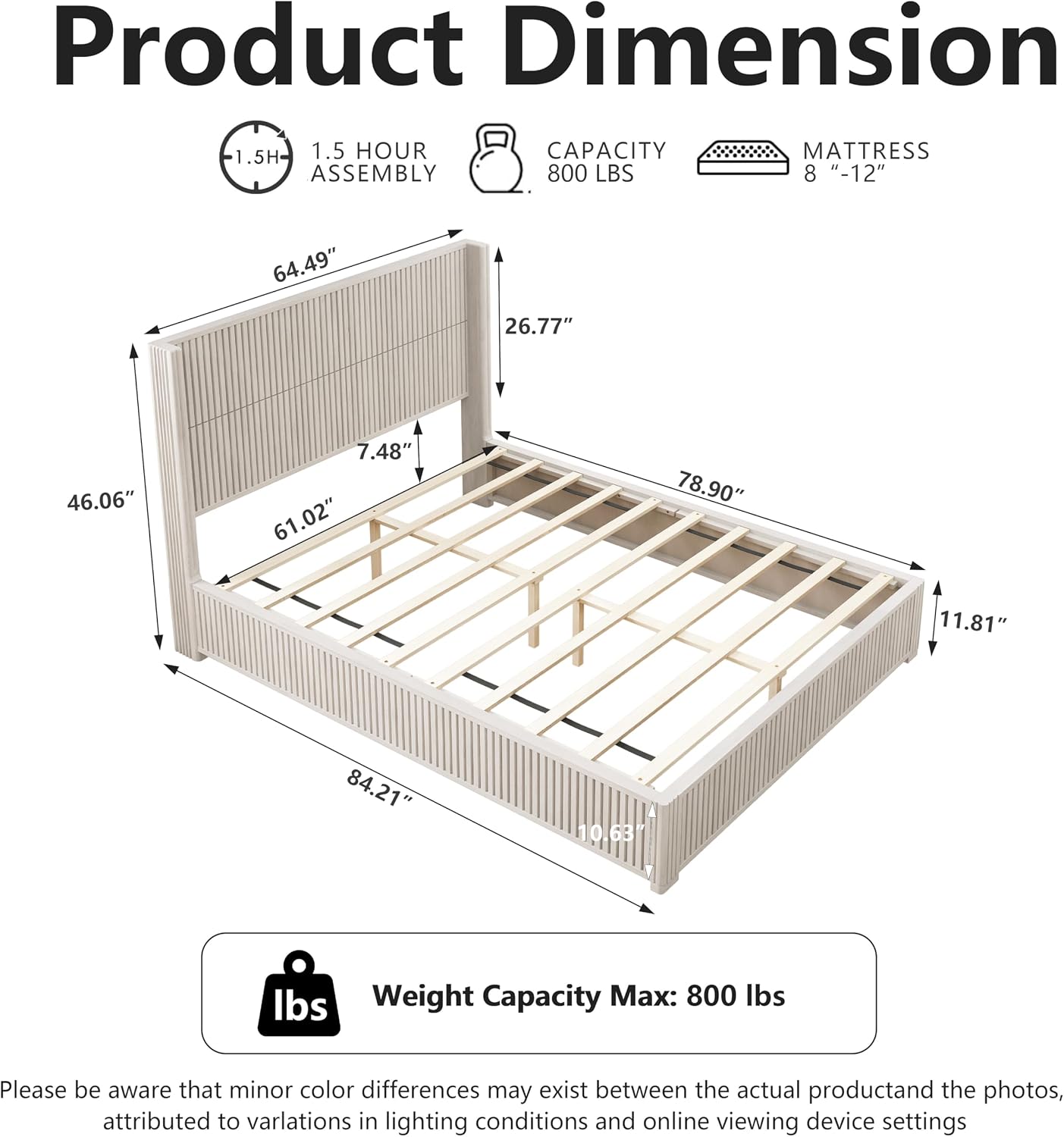 Queen Size Solid Wood Platform Bed Frame with wingback Headboard, Wood Platform Bed Frame Low Profile with 64.49' Headboard, Solid Wood Leg/No Box Spring Needed/Noise Free/Beige