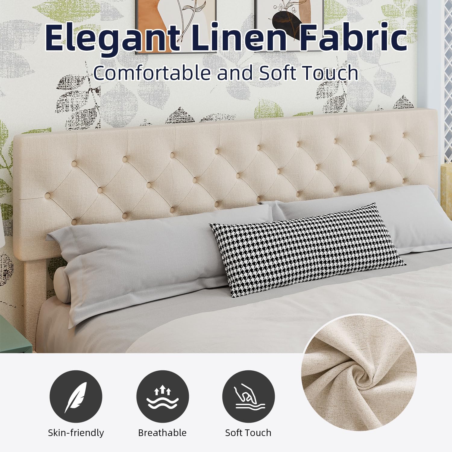 BarnFurin King Bed Frame, Upholstered Platform Bed with Button Tufted Headboard, Fabric Bed Frame with Wooden Slats Support, No Box Spring Required, Easy Assembly, Cream