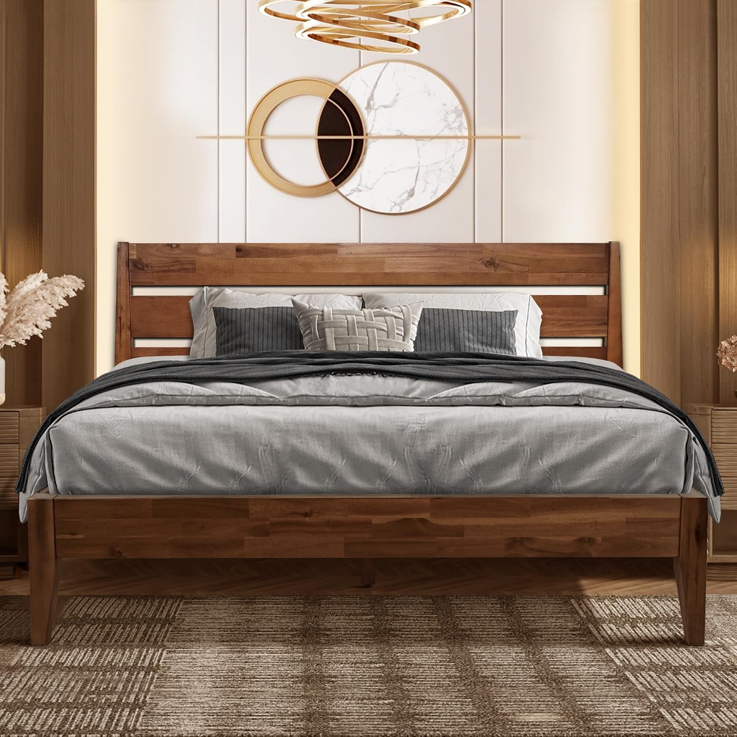 Acacia Emery Bed Frame with Headboard Solid Wood Platform Bed, Queen Size Bed Frame, Mid - Century Modern Wood Bed Compatible with All Mattresses, Easy Assembly, Non-Slip, Walnut