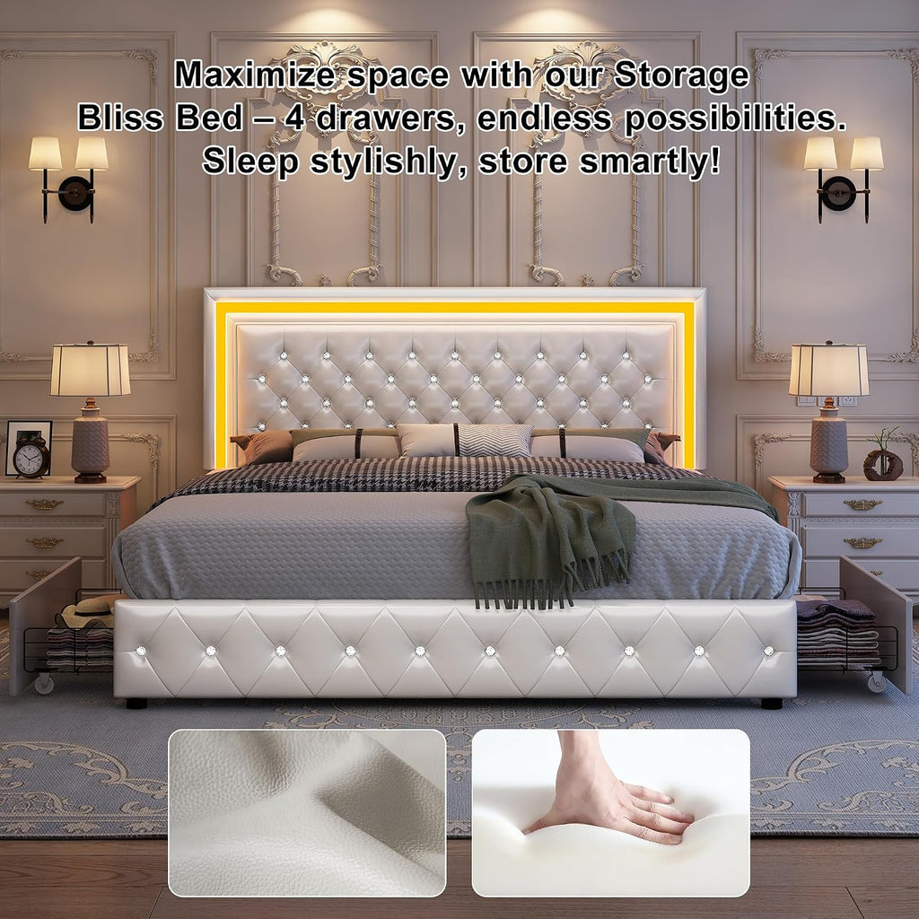 GEGOFORU King Led Bed Frame with 4 Storage Drawers, Bed Frame with Led Lights, No Box Spring Needed, 900 lbs Capacity, Easy Assembly, PU White