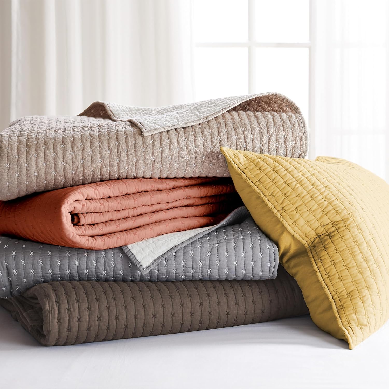 Levtex Home Cross Stitch Reversible King/Cal King Quilt Set (106x92in) with 2 Pillow Shams (36x20in) - Stitch Texture - Cocoa - Cotton King Size Quilt Bedding Set - Lightweight, Soft, Pre-Washed