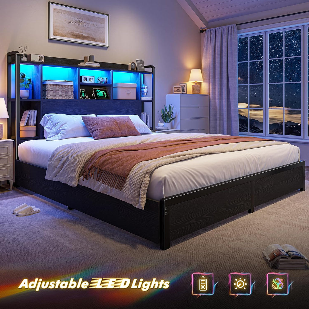 Homkdom Full Size Bed Frame with Storage Headboard & 4 Large Drawers Bed Frame Full Size with 51' Tall Headboard 9 Compartments Led Lights & Charging Station,No Box Spring Needed, No Noise,Black