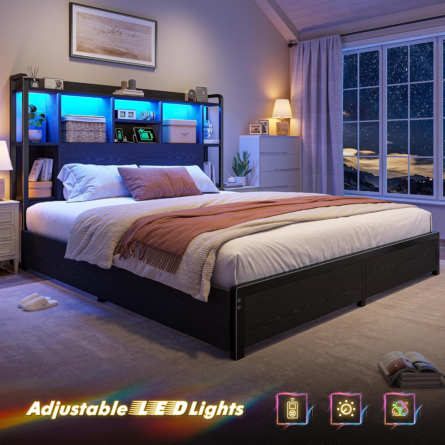Homkdom Full Size Bed Frame with Storage Headboard & 4 Large Drawers Bed Frame Full Size with 51' Tall Headboard 9 Compartments Led Lights & Charging Station,No Box Spring Needed, No Noise,Black